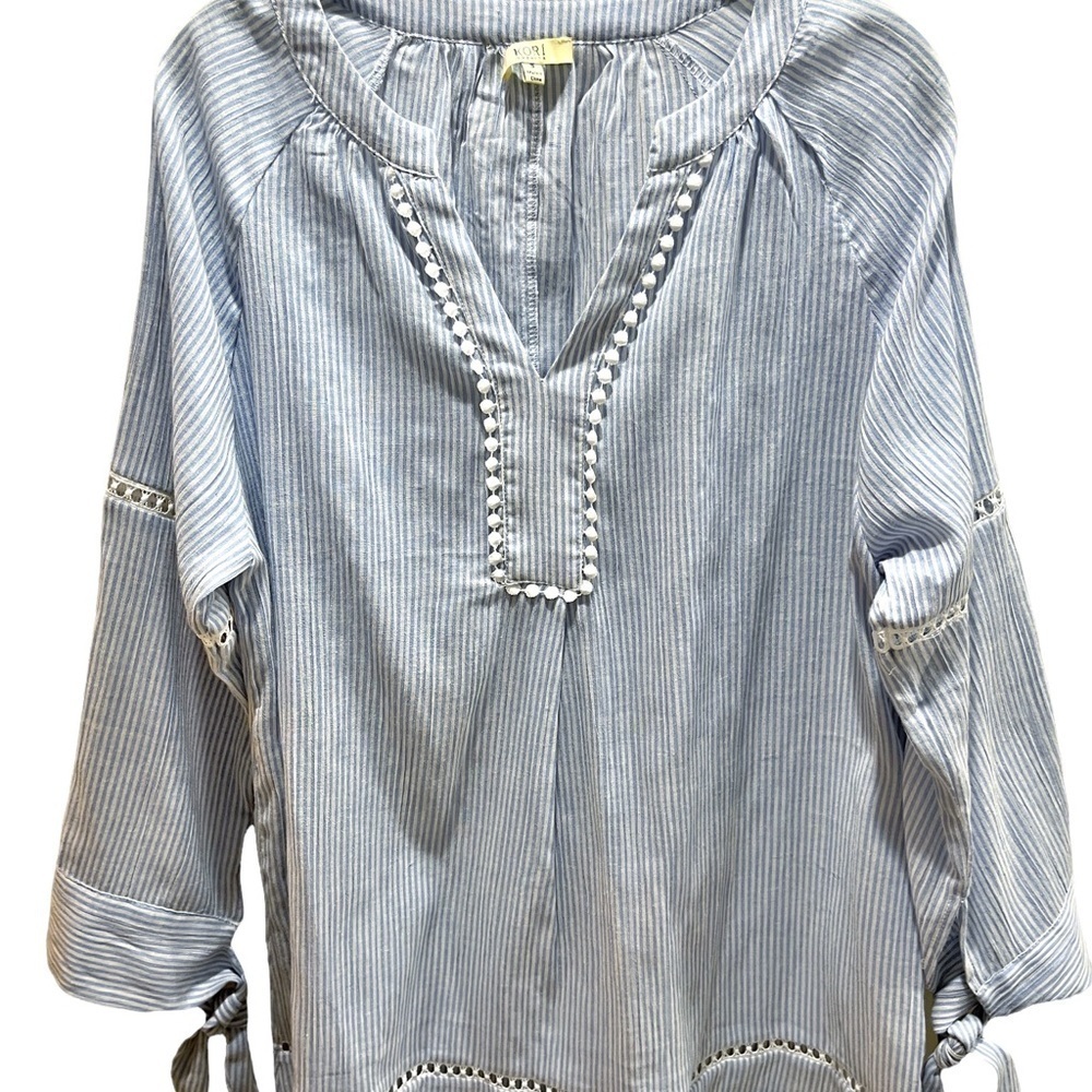 Kori Linen Blend Blue & White Striped Tunic Top 3/4 Sleeves with Tie Sz S